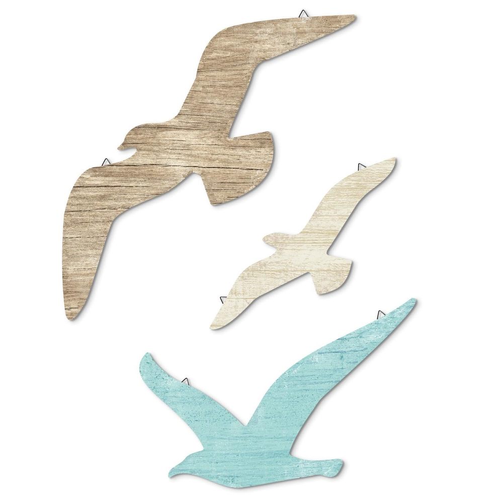 3pcs Seagull Wall Decor, Wooden Sea Bird Wall Hanging With Hooks, Ocean Home😁